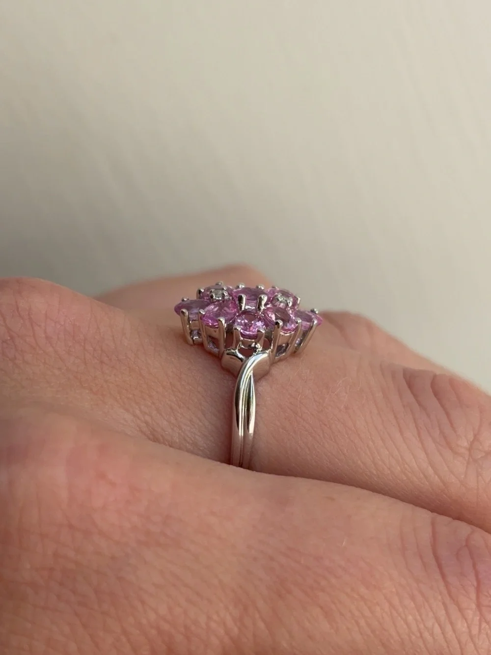 10k White Gold Diamond Pink Topaz Gemstone Cluster Cocktail Ring